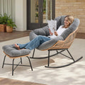 ONBRILL Papasan Rocking Chair with Ottoman,Oversized Papasan Chair with Padded Cushion, Indoor & Outdoor Rocker Chair for Living Room, Patio, Garden, Gray