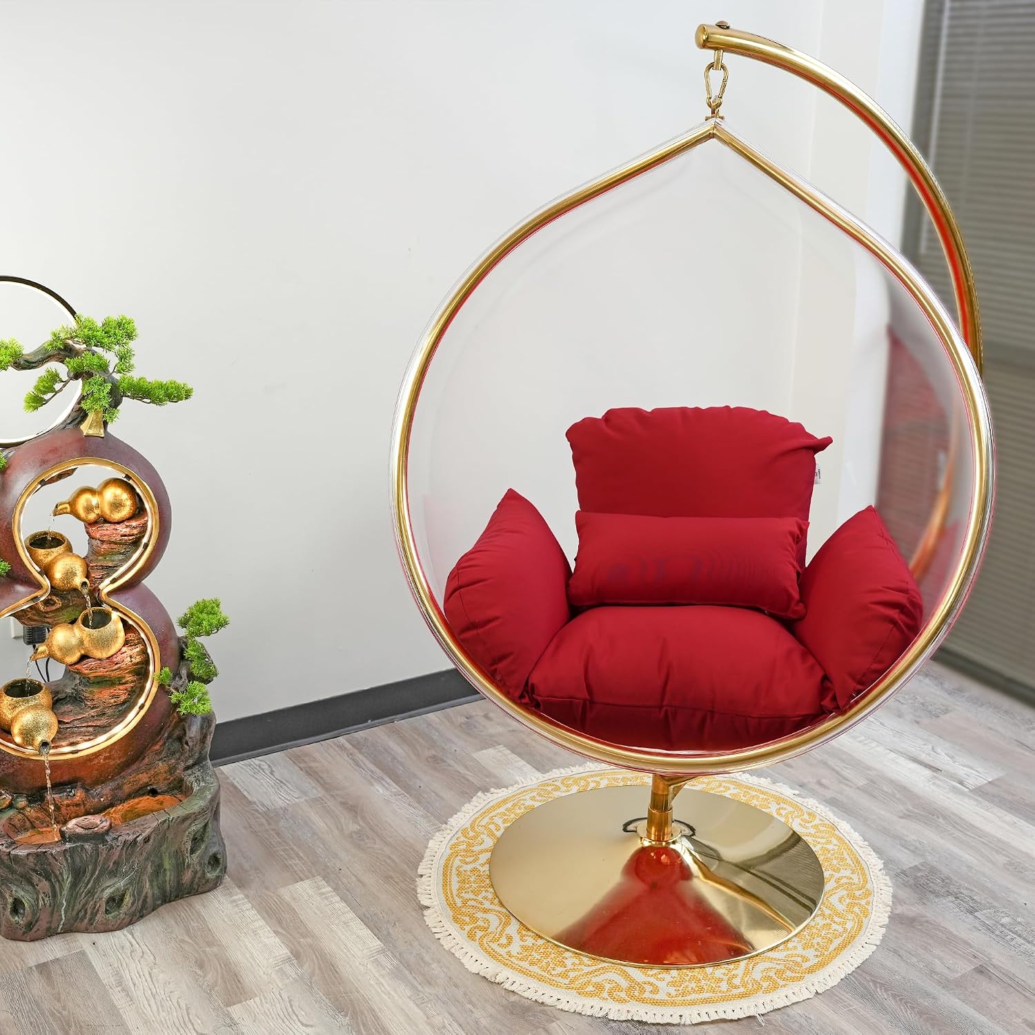 Hanging Chair - Transparent Acrylic Bubble, Waterdrop Shape, Indoor Swing Chair with Gold/Chrome Stand, Durable Fabric Cushion - Luxury Accent for Living Room, Bedroom (Gold/Red)