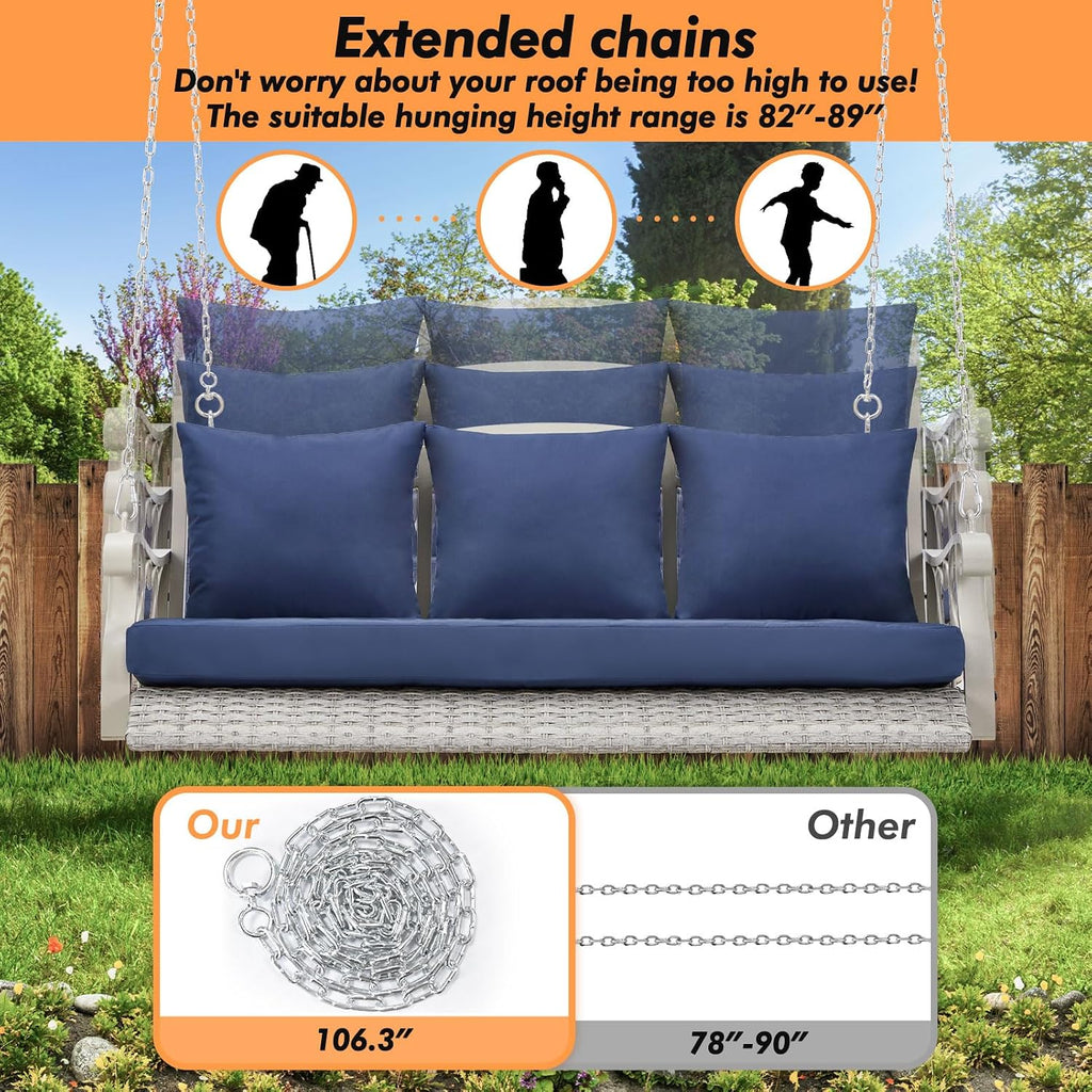 ZZW Heavy Duty 900 LBS Porch Swing Chair 3-Person Outdoor Rattan Patio Swing Lounge w/Cup-Holder & Steel Chains Wicker Hanging Bench Porch Swing Cushions for Deck & Backyard & Garden