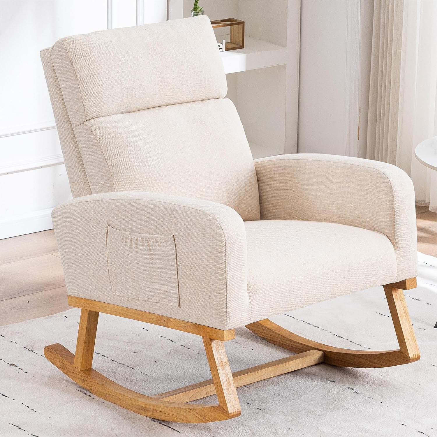 HCHAIRH Rocking Chair Nursery, Nursing Rocker Chairs with High Backrest, Modern Glider Rocking Chair for Mom Nursery, Living Room, Bedroom, Beige