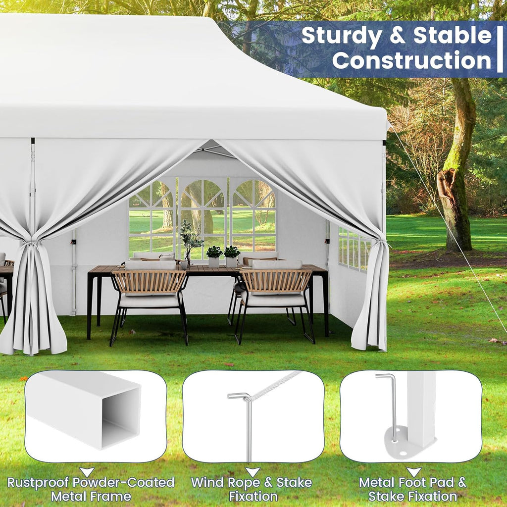 HAPPYGRILL 10x20FT Pop-up Canopy with Detachable Sidewalls, Instant Canopy Tent with Carrying Bag, UPF50+ Sun Protection, Easy Setup Gazebo for Outdoor Party Wedding, White