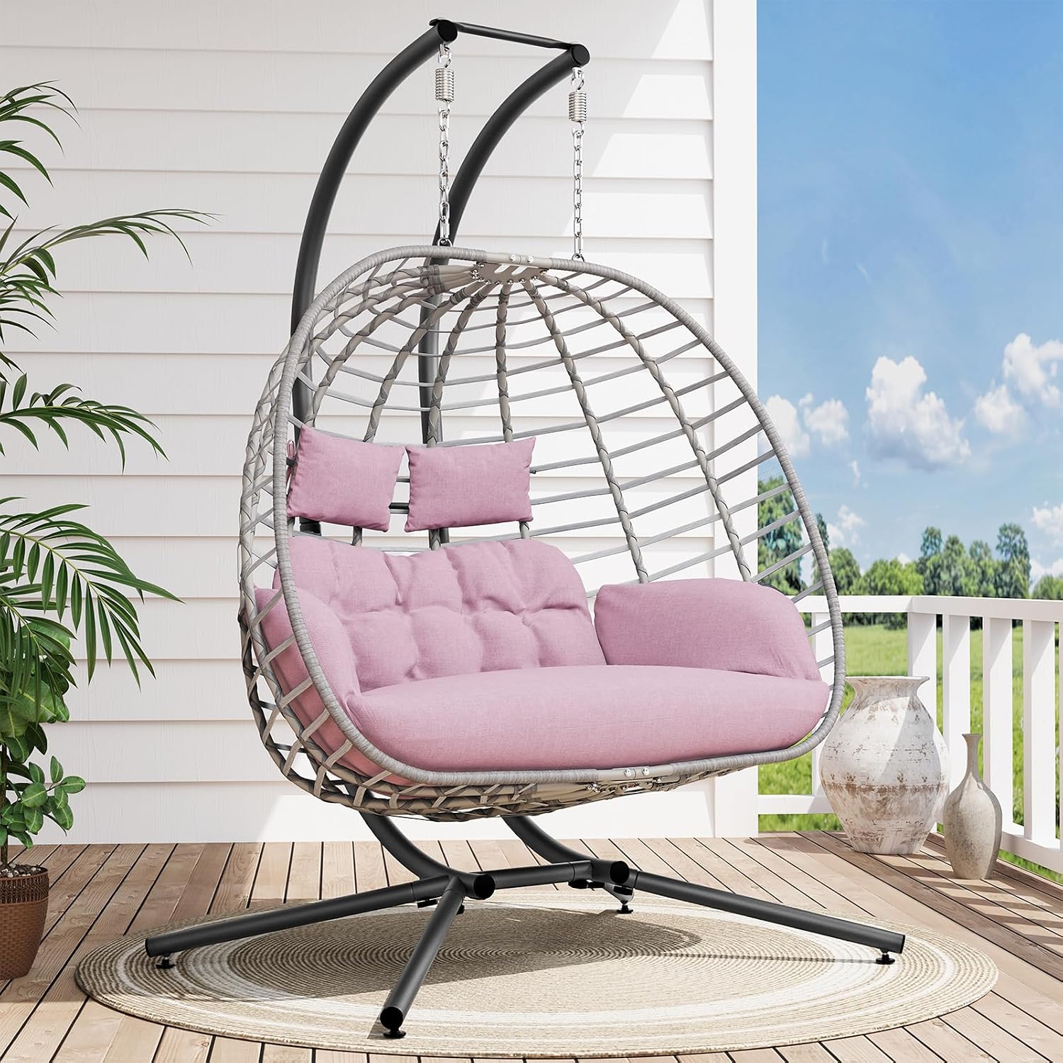 SWITTE Double Egg Swing Chair with Stand, Outdoor Patio 2 Person Hanging Wicker Hammock Chairs with Cushion for Indoor Bedroom, Lawn, Garden-Pink