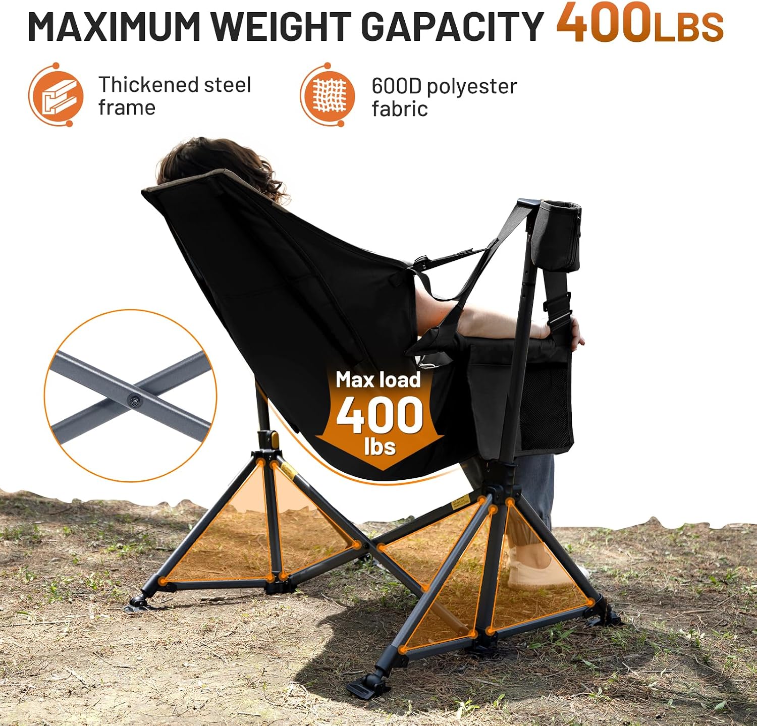 TIMBER RIDGE Oversized Hammock Camping Chair, Swinging Chair with Adjustable Back and Seat Height, Portable Folding Rocking Chair for Outdoor Lawn, Backyard and Patio, Supports 400lbs, Black, 2 Pack