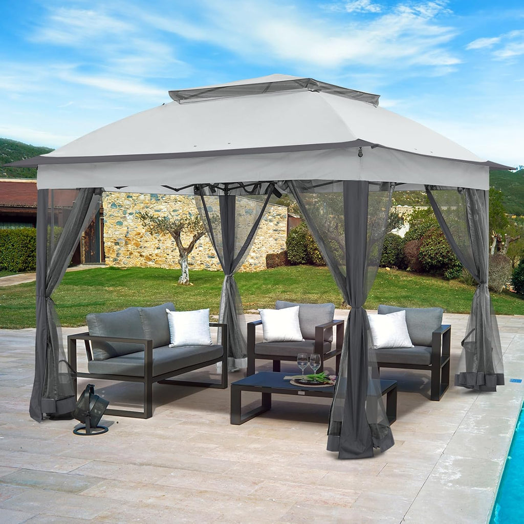 11x11 Pop Up Gazebo Tent with Mesh Netting, Instant Outdoor Canopy with UPF 50+ UV Protection, Water Resistant, Gray