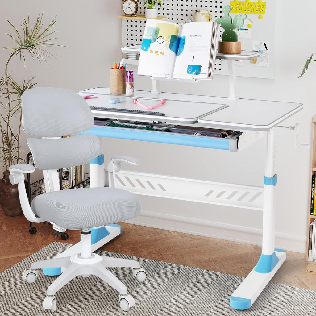 COSVALVE Adjustable Kid Desk and Chair Set, Kids Desk with Drawer, Tilter Desktop, Ergonomic Kid Chair, Height Adjustable for Girl Boy Student Home School Use,Grey