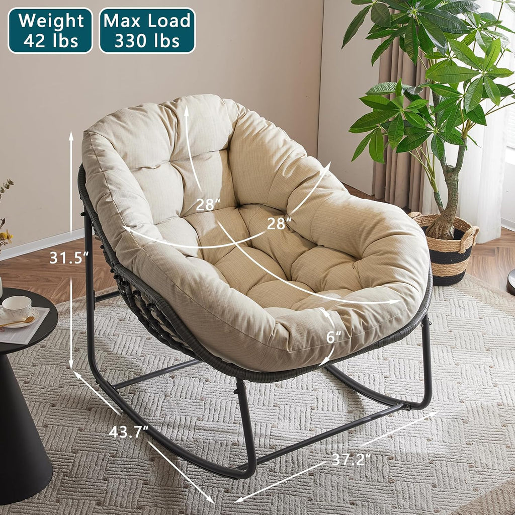 YDcosyfy Oversized Outdoor Papasan Rocking Chair with Soft Cushion, Comfy Patio Egg Chair, Wicker Lounge Rocker for Balcony/Porch/Garden, Reinforced All Weather Rattan Frame, 330 lbs Support, Beige