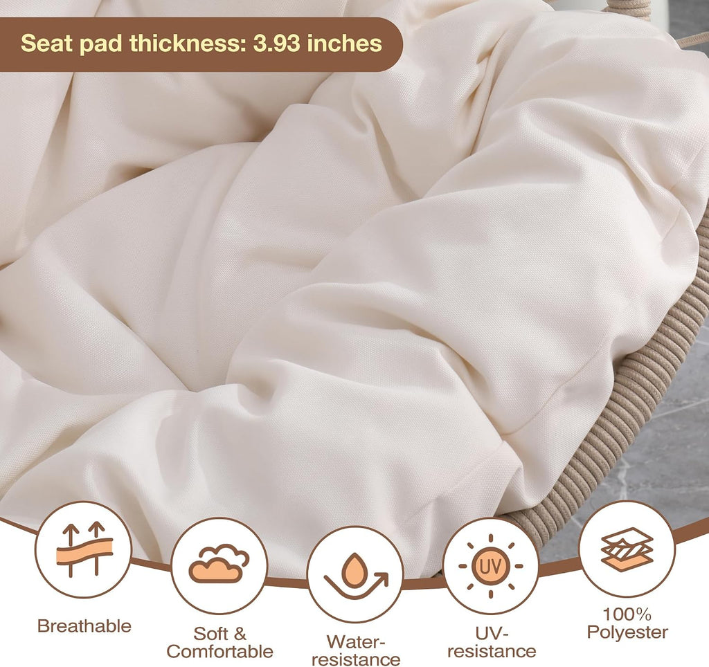 Hanging Egg Chair with Stand, Foldable Patio Hammock Egg Swing Chair Made by All-Weather Core-Spun Polyester Rope with Soft Cushion for Bedroom Garden Indoor Outdoor, 350Lbs Cap. (Beige)