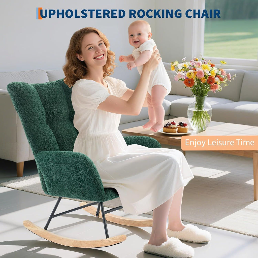 Nursery Rocking Chair,300Lb Glider Chair with Wood Legs/Two Side Pockets,Teddy Upholstered Glider Rocker with Padded Seat High Backrest for Living Room/Bedroom/Nursery