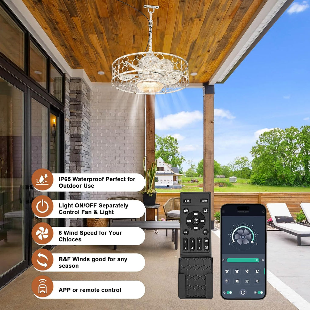 20' Outdoor Ceiling Fan with Light for Patios Waterproof Caged Gazebo Fans Outdoor Hanging Lighting with Plug-in Cord, Dimmable LED, Remote APP Control, 6 Speeds for Pergola Porch Gazebo (White)