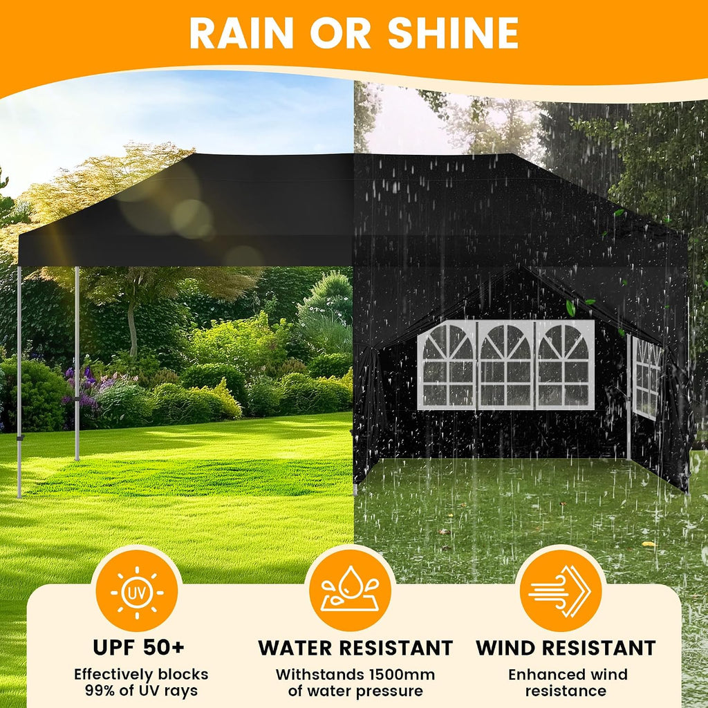 Kromax 10X20' Portable Pop Up Canopy Tent, Waterproof Foldable Outdoor Canopy,Heavy Duty Gazebo, Sidewalls, Steel Frame, Easy Set Up, Black