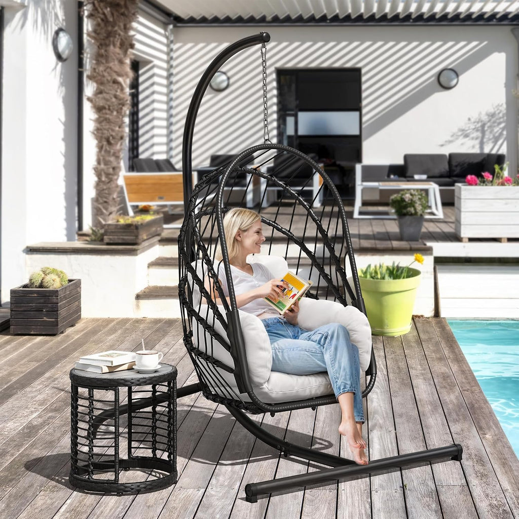 YITAHOME Hanging Egg Chair with Stand, Rattan Wicker Swing Egg Chair with Cushion, 350lbs Capacity, Foldable Hanging Rattan Basket Chair for Porch, Garden, Bedroom, Balcony, Grey