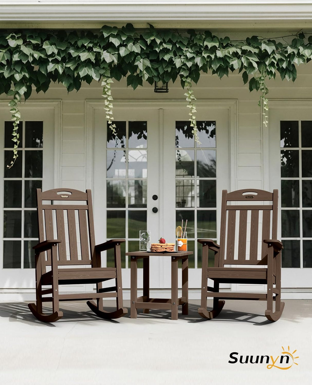Oversized Outdoor Rocking Chairs Set of 2, High Back Porch Rocker Chair, HDPE All Weather Resistant Rocking Chairs for Patio, 380lbs Weight Capacity, Brown
