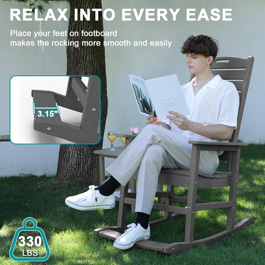 PLUUV Outdoor Rocking Chair Set of 2 with Removable Footboard for Adults, HDPE High Back Patio Rocking Chairs, 330lbs All Weather Porch Rocking Chairs for Outdoor & Indoor -Grey