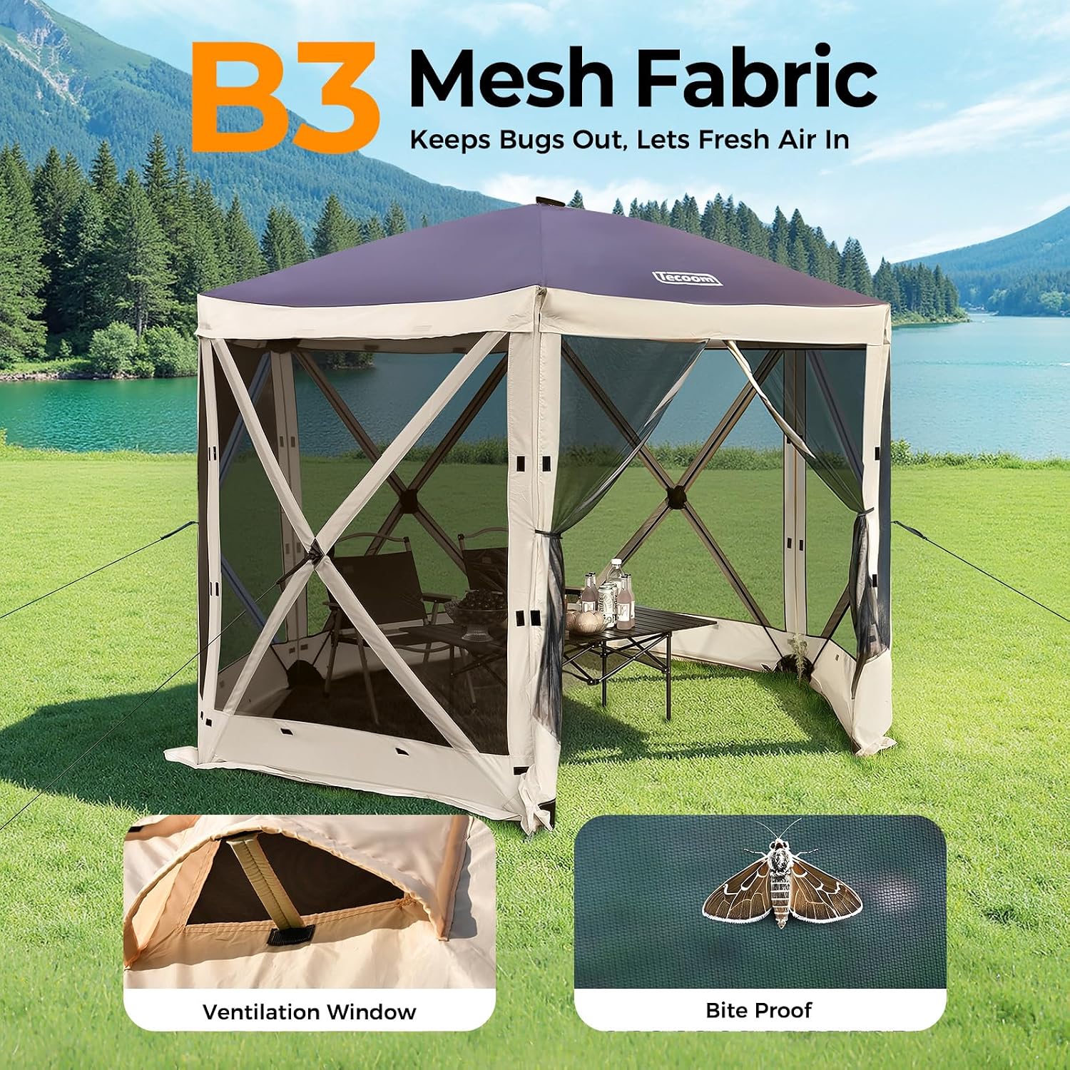 Tecoom 6-Sided 10x10ft Pop Up Gazebo Tent, Screen House with Mosquito Netting Canopy for Camping, Portable Sun Shelter with Removable Siedwalls for Outdoor, Garden, Activities
