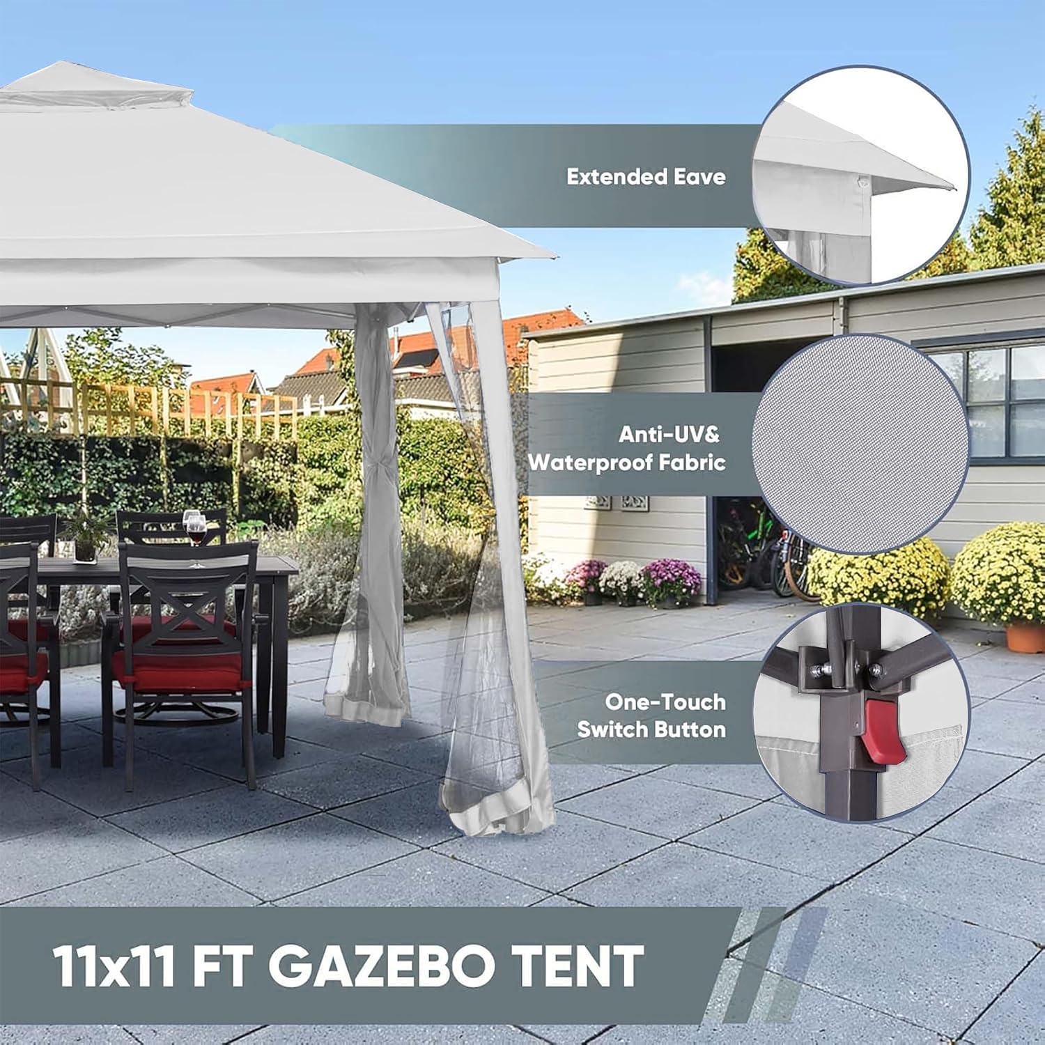 11x11 FT Gazebo Tent, Outdoor Tents for Parties with Mosquito Netting, Folding Heavy Duty Height Adjustable Canopy Tent for Patio Backyard Garden (White)