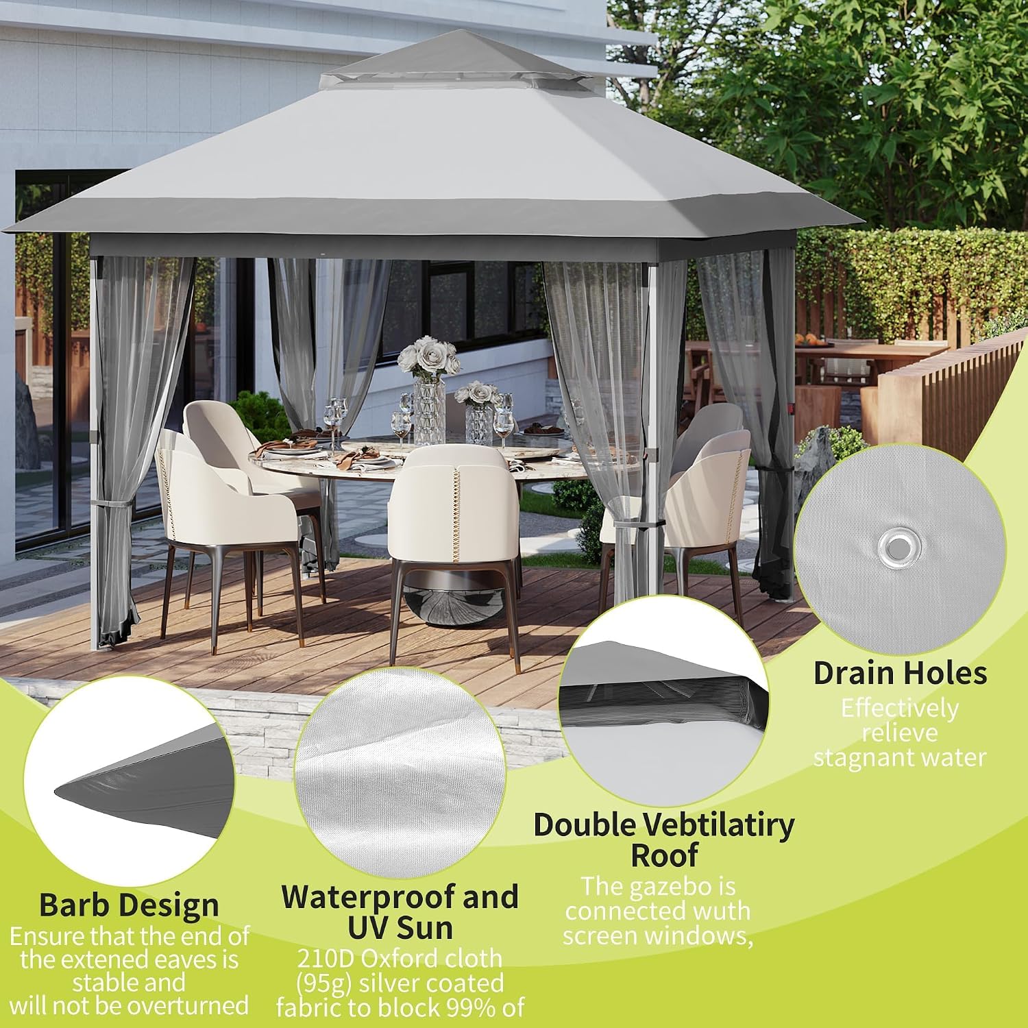 Garvee 10x10 ft Instant Pop Up Gazebos,Modern Waterproof Canopy Tent with Mosquito Netting,Outdoor Canopy Shelter with Wheeled Carry Bag for Patio/Garden/Backyard/Party-All-Weather&All Season(White)