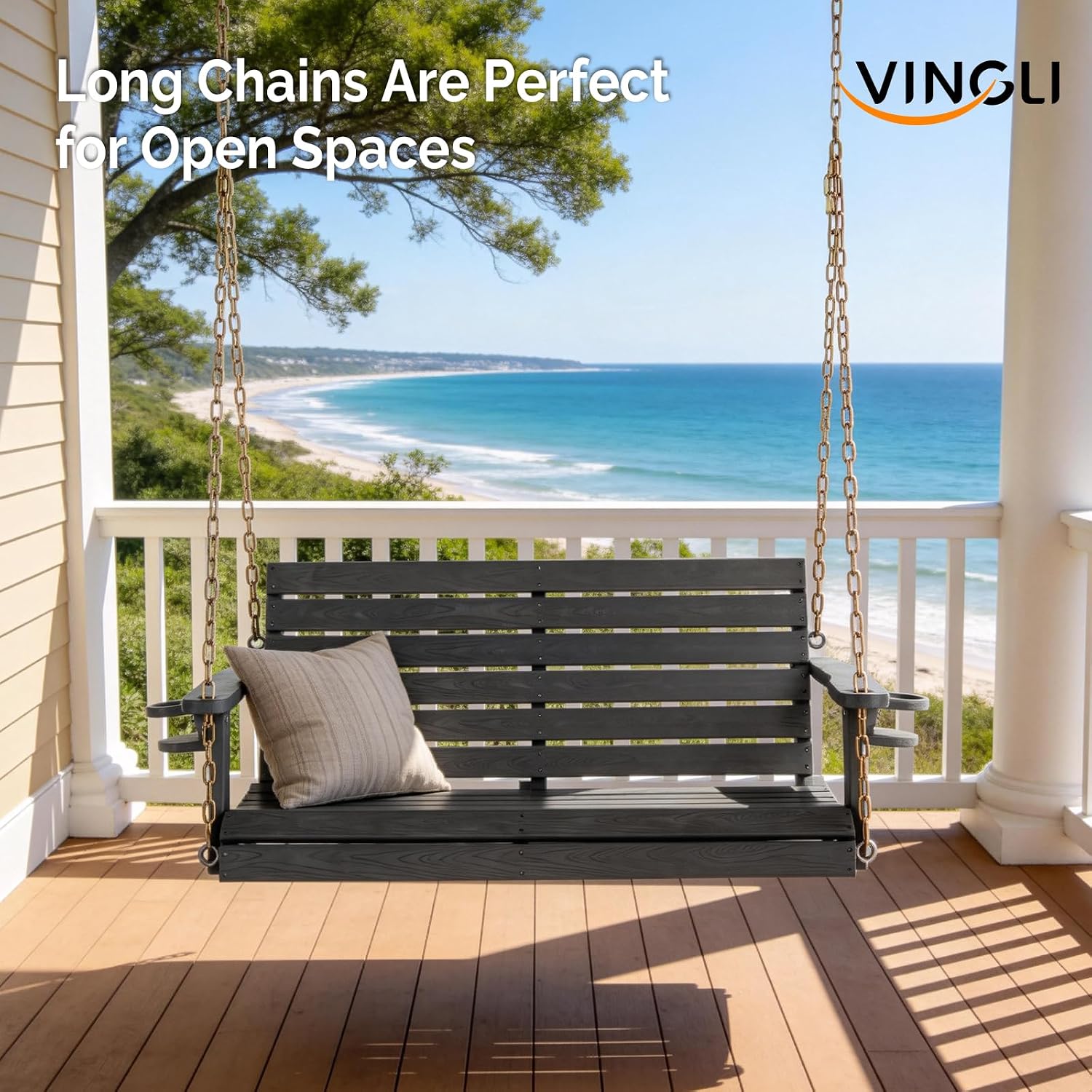VINGLI Heavy Duty 1600 LBS HDPE Porch Swing Outdoor with Rotatable Cup Holder, 4 FT Patio Bench Swing with Adjustable Chains, 2 Person Hanging Porch Swing Chair for Porch, Yard, Tree, Garden - Grey