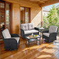 5 Piece Patio Furniture Set - Wicker Patio Conversation Set with Swivel Glider, Glider Loveseat, Tempered Glass Side Table and Coffee Table for Deck Backyard - Black Wicker Beige Cushion