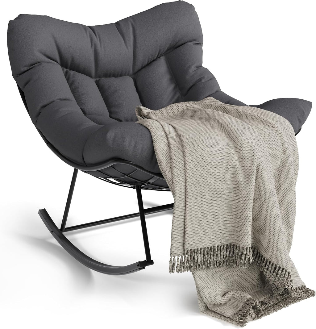 GarveeLife Outdoor Papasan Rocking Chair, Oversized Rocking Chair with Sturdy Metal Frame, Patio Egg Rocker for Balcony Backyard Porch Bedroom, Grey