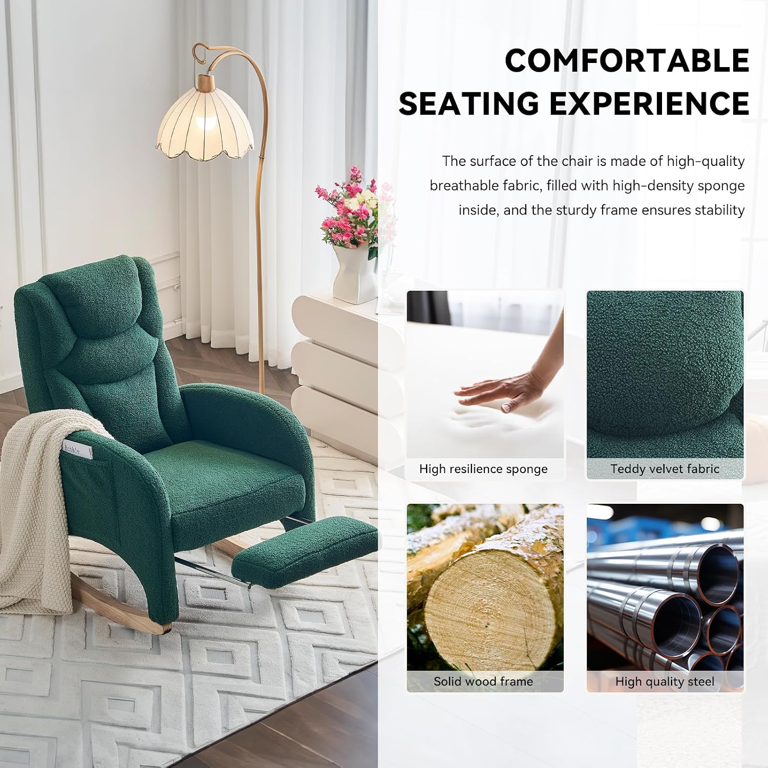 FOXHUNTER Rocking Chair Nursery, Modern Glider Chair with Adjustable Footrest and Solid Wood Legs, High Backrest Nursery Chair with Side Pocket, Rocker Armchair for Living Room Bedroom, Teddy Green