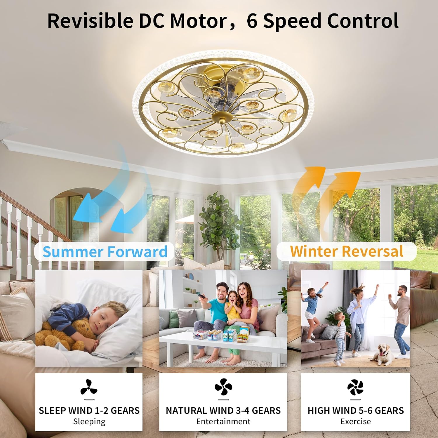 Ceiling Fans with Lights and Remote Caged Low Profile Farmhouse Ceiling Fan with Smart LED 6 Speed 3 Color Temp. Enclosed Ceiling Fan Flush Mount Fandelier for Bedroom Living Room Gold Crystal