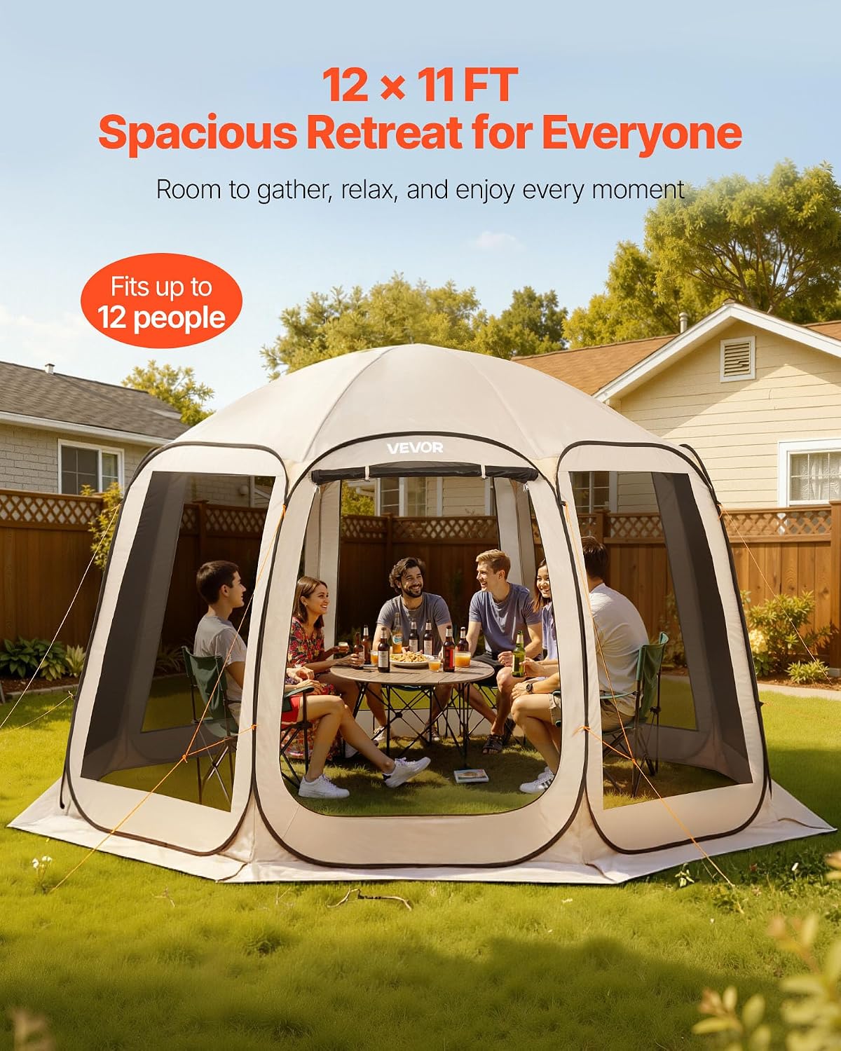 VEVOR Pop up Screen House Tent, 12 x 11 ft, 10-12 Person Screen Gazebo, Portable Screened in Canopy with Carry Bag, Netting Sides, Ground Stakes, for Garden, Patio, Backyard, Outdoor Activities, Beige