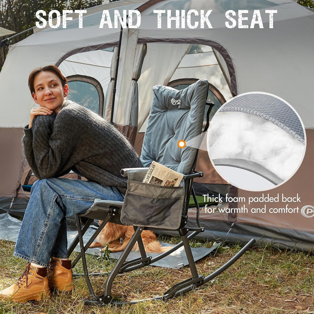 Portal Folding Rocking Camping Chair Outdoor - Thick Padded Rocking Recliner Chair Portable Camping Rocker for Patio Front Porch Backyard Lawn Living Room, Supports 400 LBS