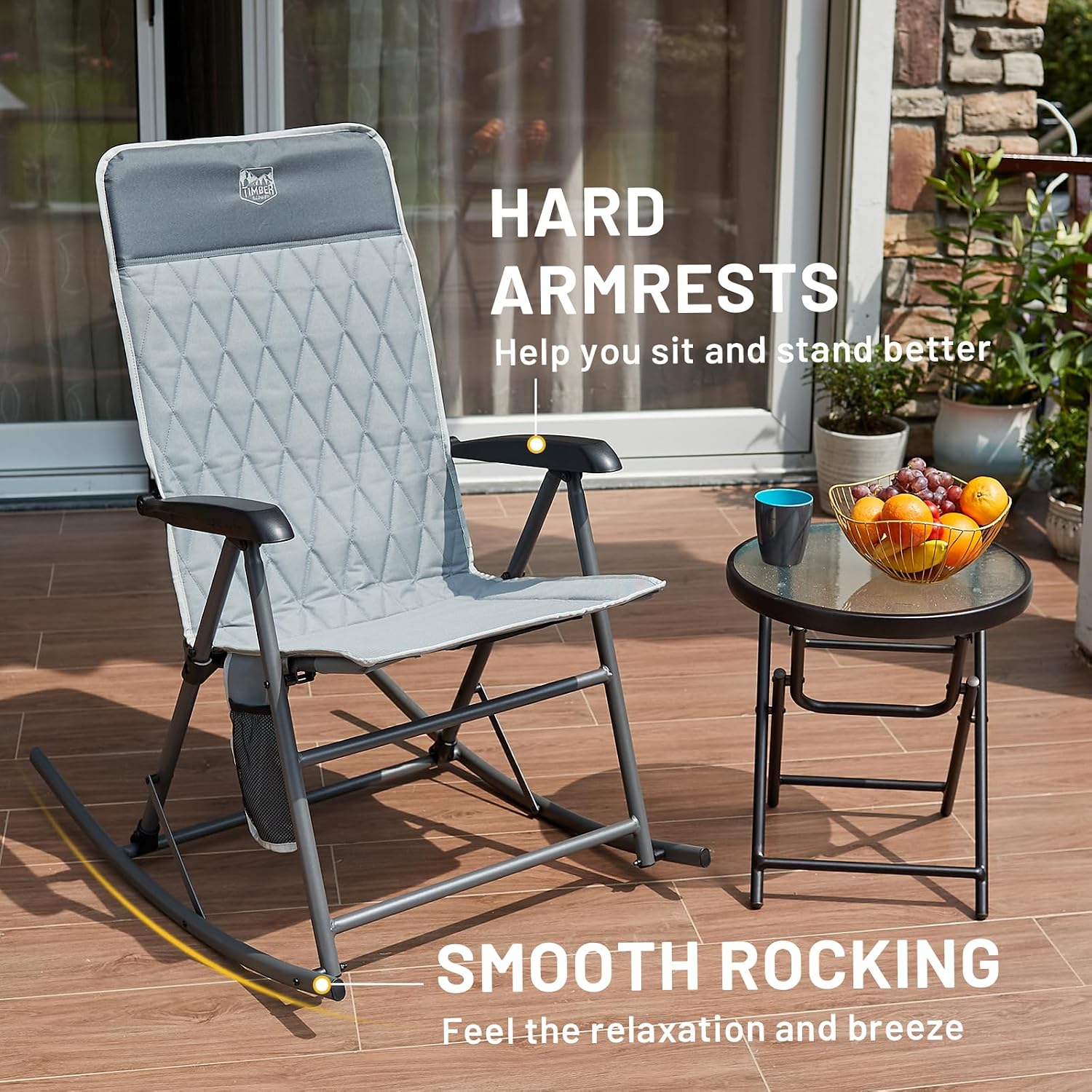 Timber Ridge 3-Level Adjustable Rocking Camping Chair, Ergonomic Padded High Back, Supports 300 LBS, Stable Anti-Tip Rocker, Hard Armrests for Easy Standing, Portable for Patio, Lawn & Tailgating