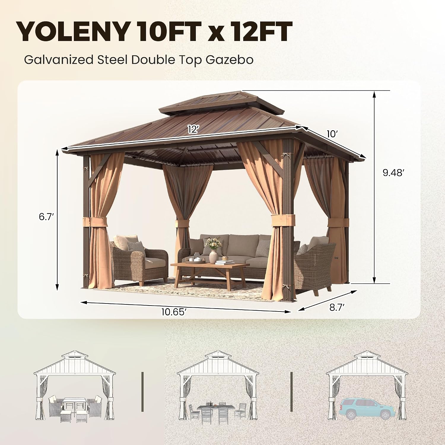 YOLENY 10' x 12' Gazebo Hardtop with Aluminum Frame,Galvanized Steel Double Roof Gazebos with Curtain and Netting,Outdoor Metal Pergolas for Garden, Lawn, Deck, Brown