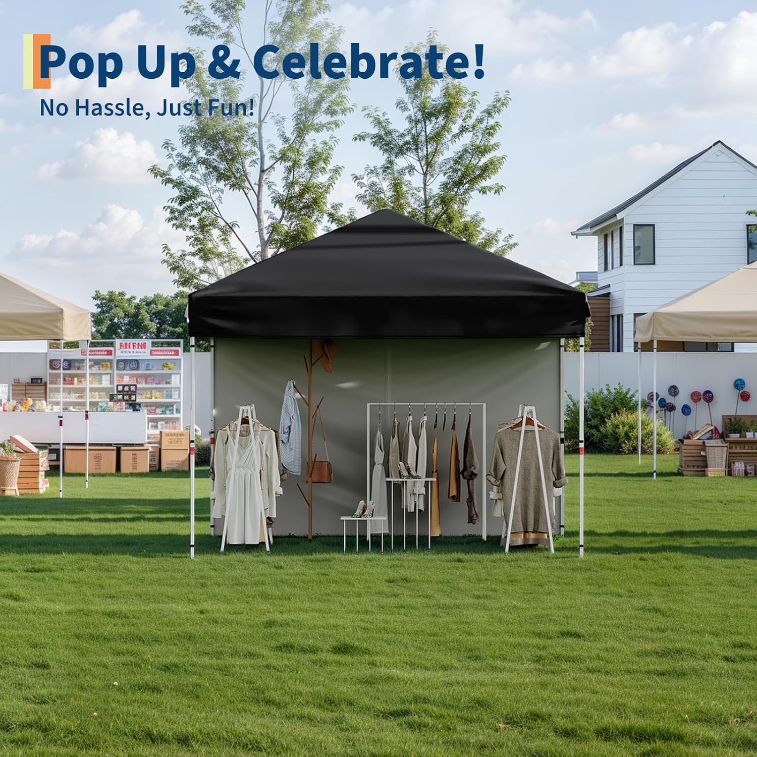 10x10FT Instant Pop Up Canopy Tent with 1 Side Wall, Heavy Duty Canopy Set, Waterproof and UV Protected Tailgate Tent for Outdoor Events (Black)