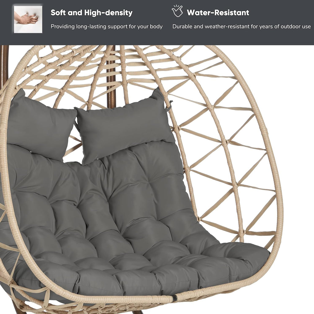 JOYBASE Double Swing Egg Chair with Stand, 2-Person Hanging Egg Chair Wicker Rattan Oversized Swinging Chair for Outdoor Indoor Garden Patio (Dark Grey Cushion and Beige Rattan)