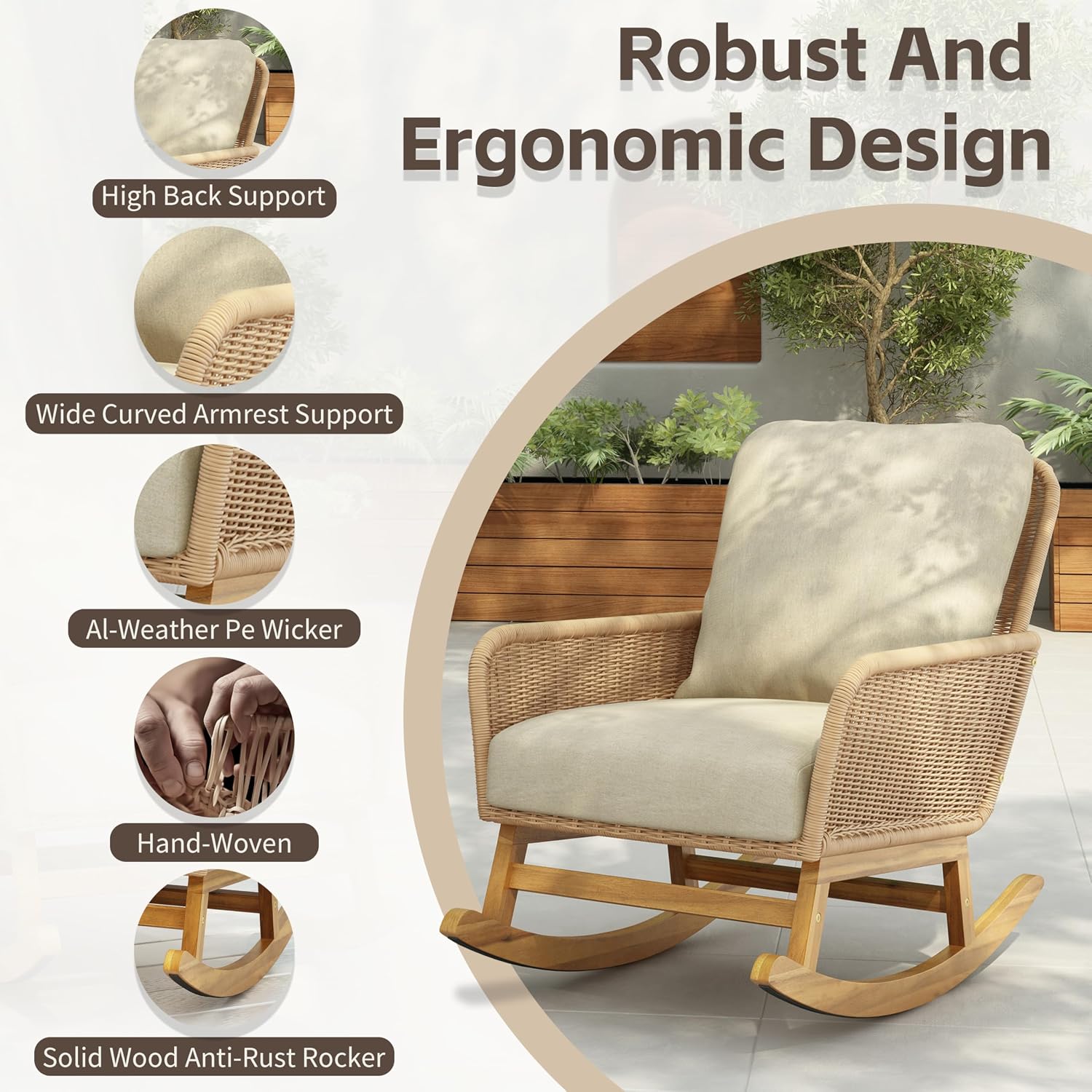 Christopher Knight Home Nadine Patio Rocking Chair, Wicker Rocker, Wood Leg Rocking Chair, PE Rattan Wicker Chair, Rocking Chair with Cushions, Comfort Wicker Rocker for Backyard Balcony Porch, Beige