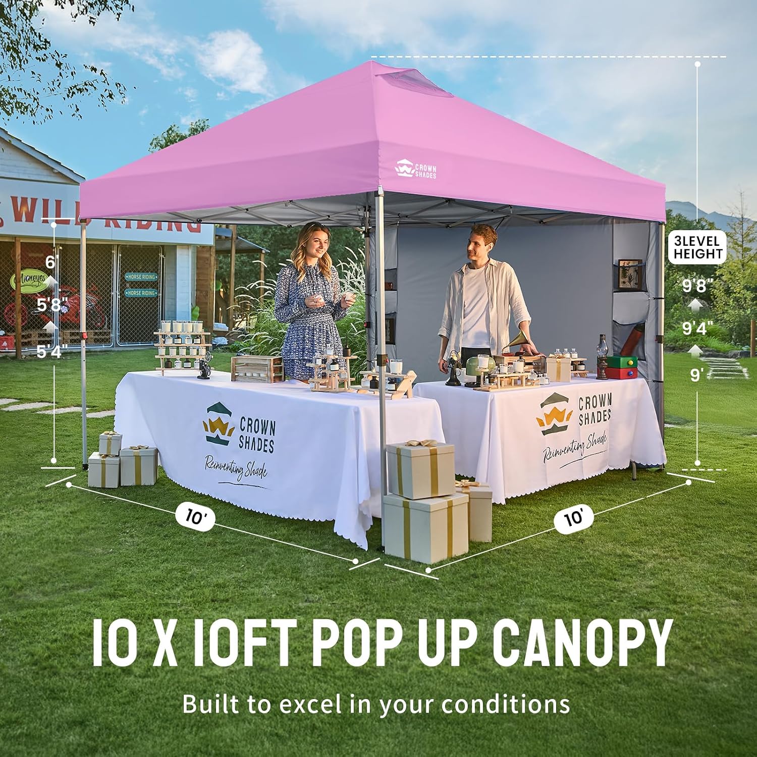 CROWN SHADES Canopy Tent, 10 x 10 Foot Portable Pop Up Outdoor Shelter with Pocket Sidewall, Push Center Lock, UV Protection, and Carry Bag, Pink