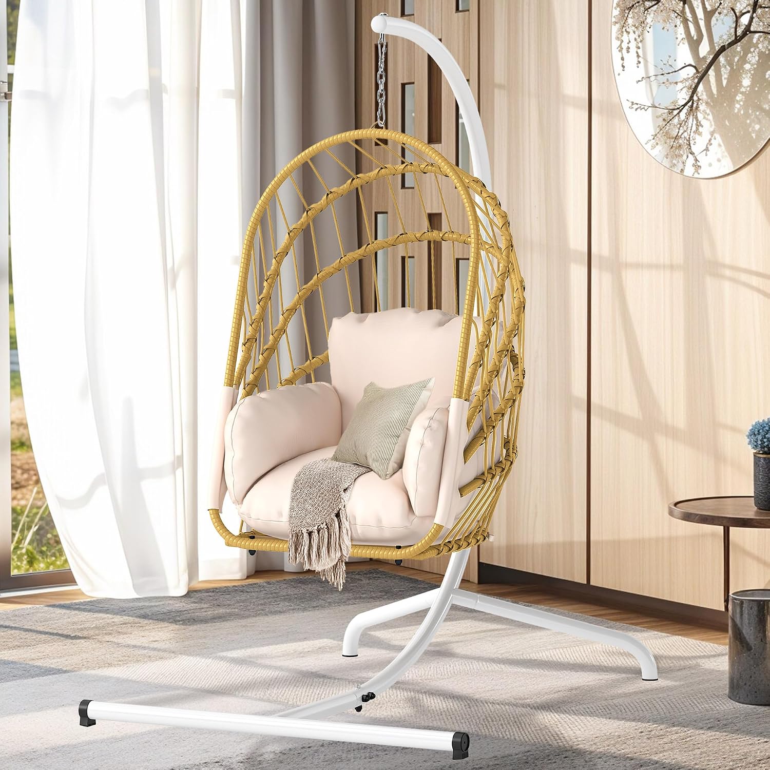 DWVO Wicker Swing Egg Chair 300lbs Capacity - Foldable Hanging Hammock with Cushions & Stand, Indoor/Outdoor Patio Swing Chair for Bedroom, Garden, Balcony (Beige)