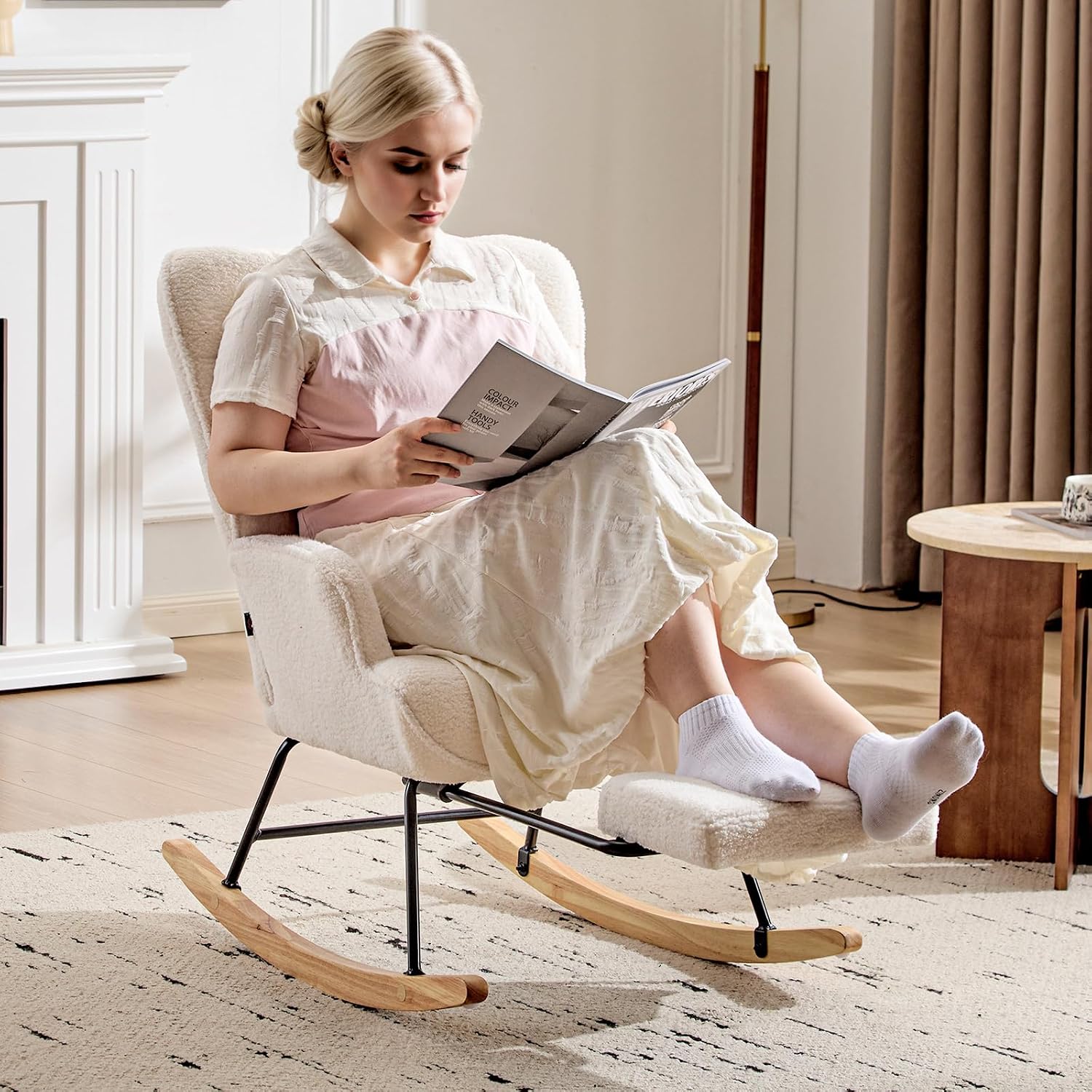 Furniliving Nursery Rocking Chair Modern Armchair Upholstered Glider Rocking Chair Accent Chair with Retractable Footrest Reading Chair with High Backrest Solid Wood Base for Bedroom, White, Teddy