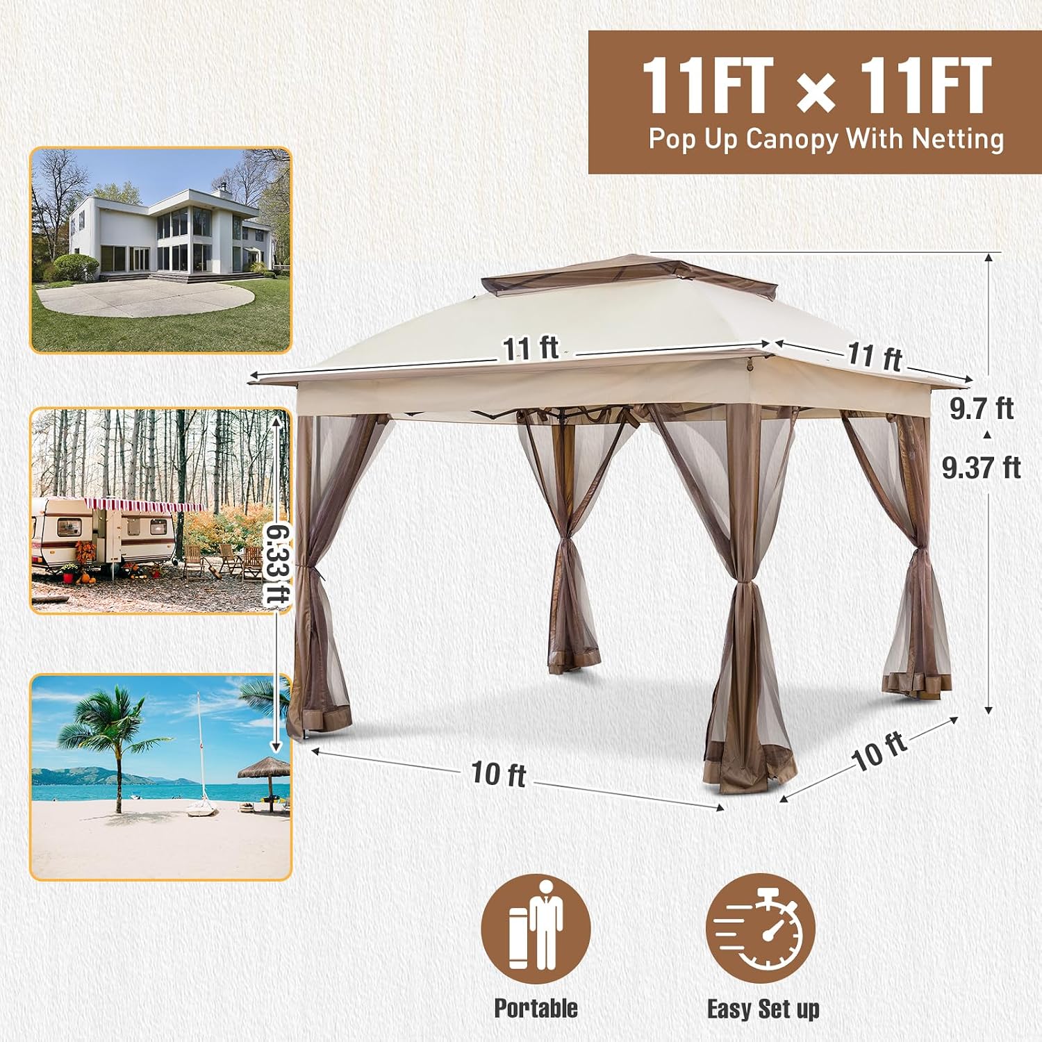 11x11 Pop Up Gazebo Tent with Mesh Netting, Instant Outdoor Canopy with UPF 50+ UV Protection, Water Resistant, Beige