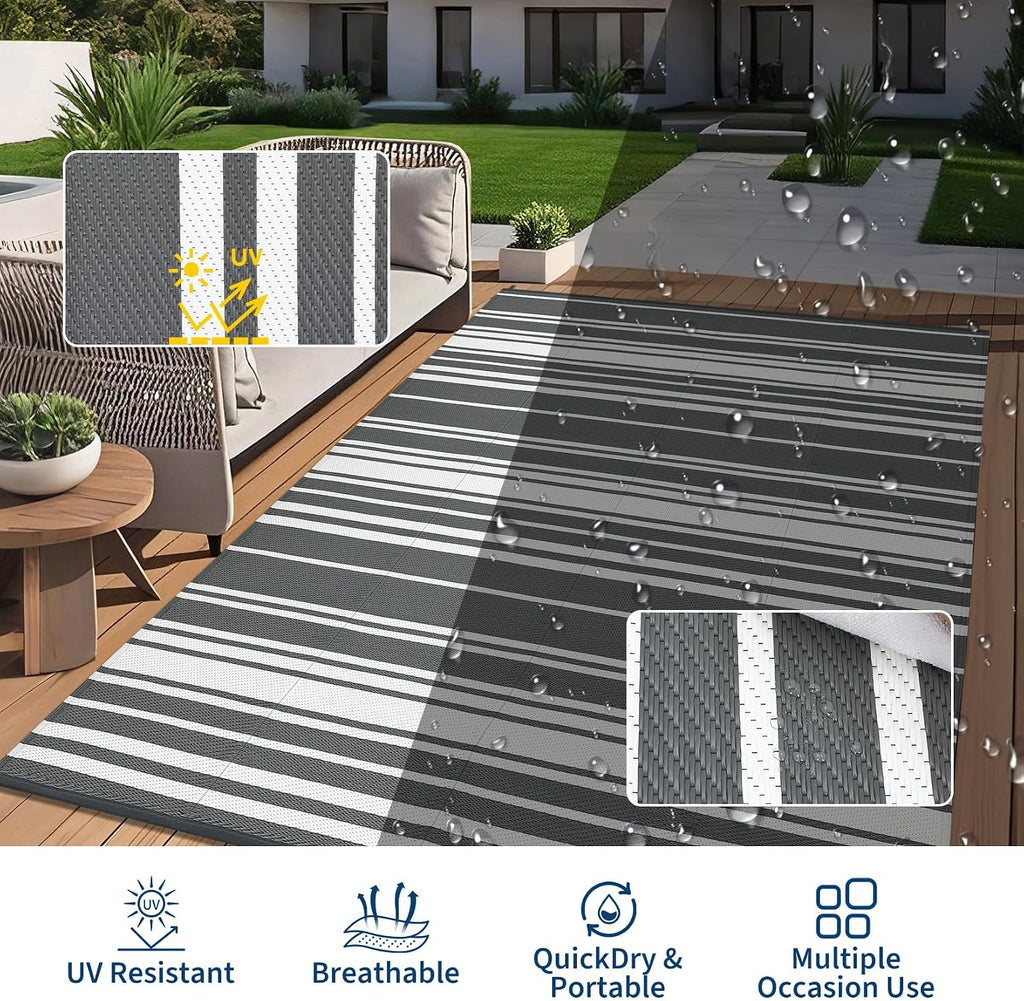 Garvee Outdoor Rug 9 ft x 18 ft Waterproof Plastic Straw Patio Rug, Outdoor Large Area Rug Mats for Camper Indoor Outdoor Carpet for Rv Deck Porch Picnic Beach Balcony (Grey)