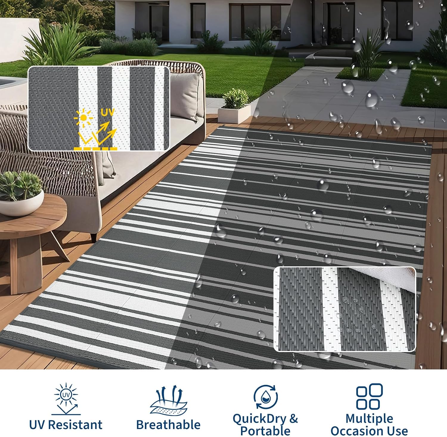 Garvee Outdoor Rug 9 ft x 18 ft Waterproof Plastic Straw Patio Rug, Outdoor Large Area Rug Mats for Camper Indoor Outdoor Carpet for Rv Deck Porch Picnic Beach Balcony (Grey)