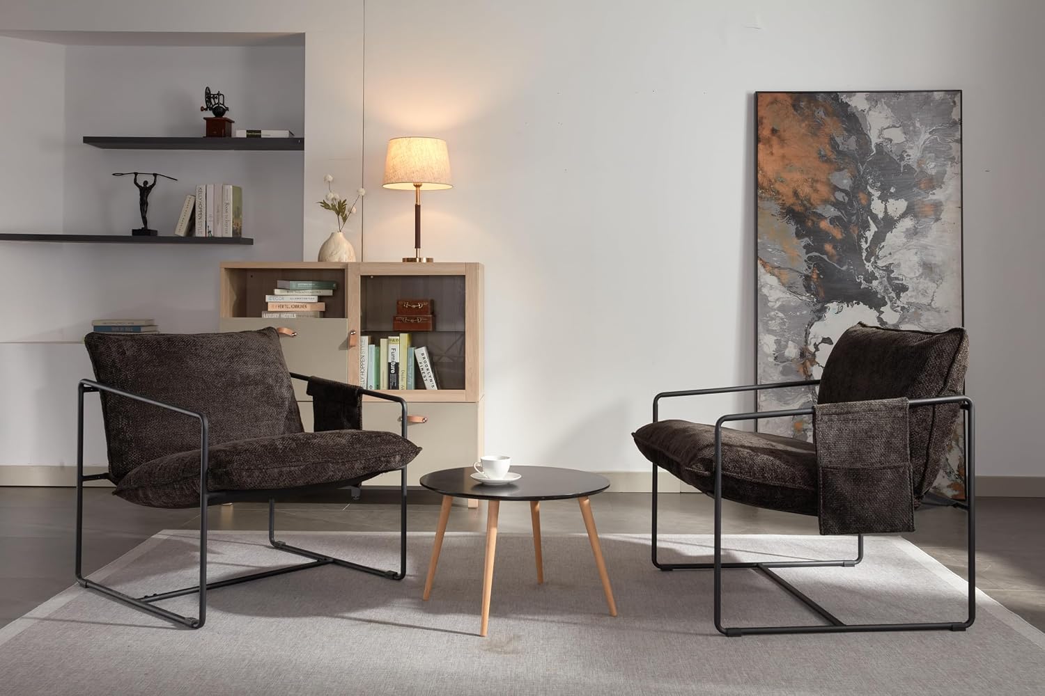 Comfy Sling Accent Chair Set of 2 Upholstered Hanging Armchairs with Pockets Metal Frame Skin-Friendly Fabric Reading Chair for Living Room Bedroom (Dark Grey Cushion & Black Metal Frame)