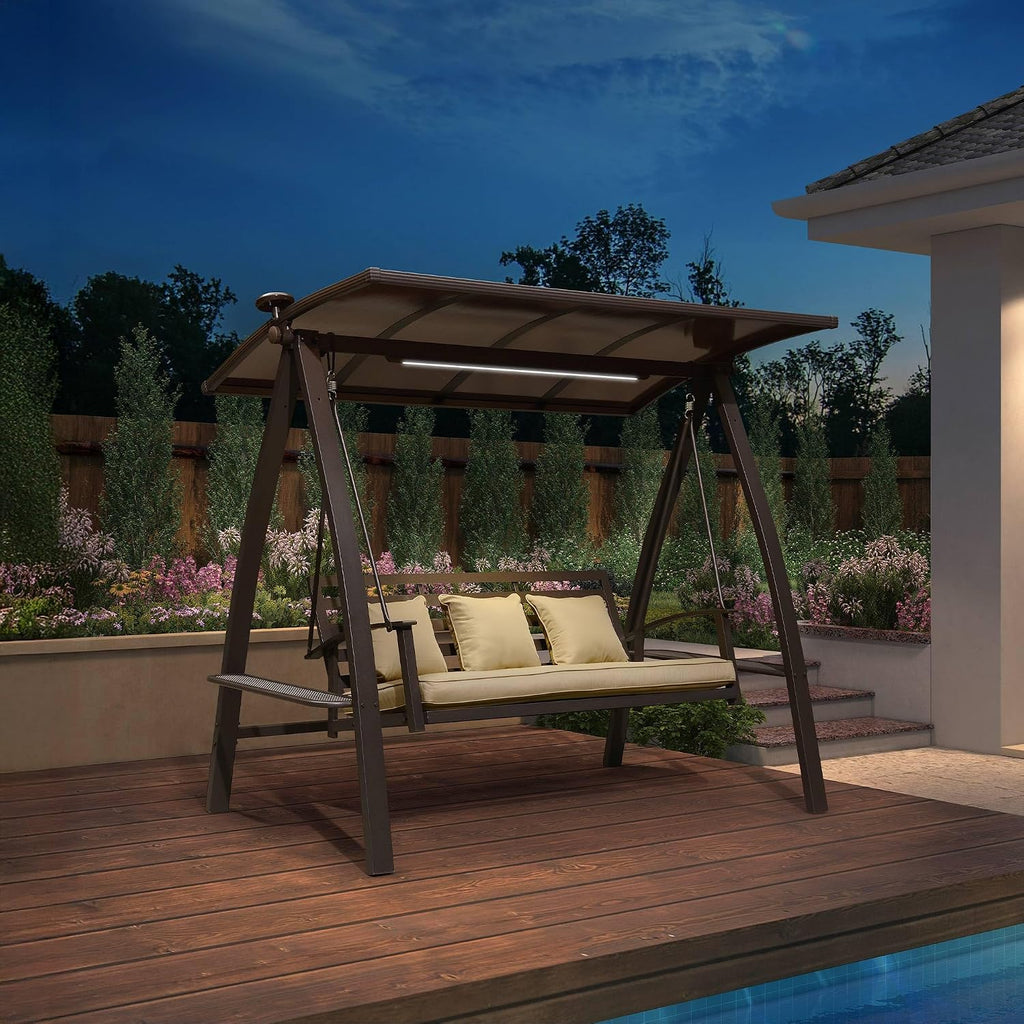 PURPLE LEAF 3-Seat Porch Swing with Adjustable PVC Canopy Metal Patio Bench Glider Swing Bed Outdoor Swing Chair with Stand and Side Cup Holder for Outside Garden Porch, Cushion and Pillows Included