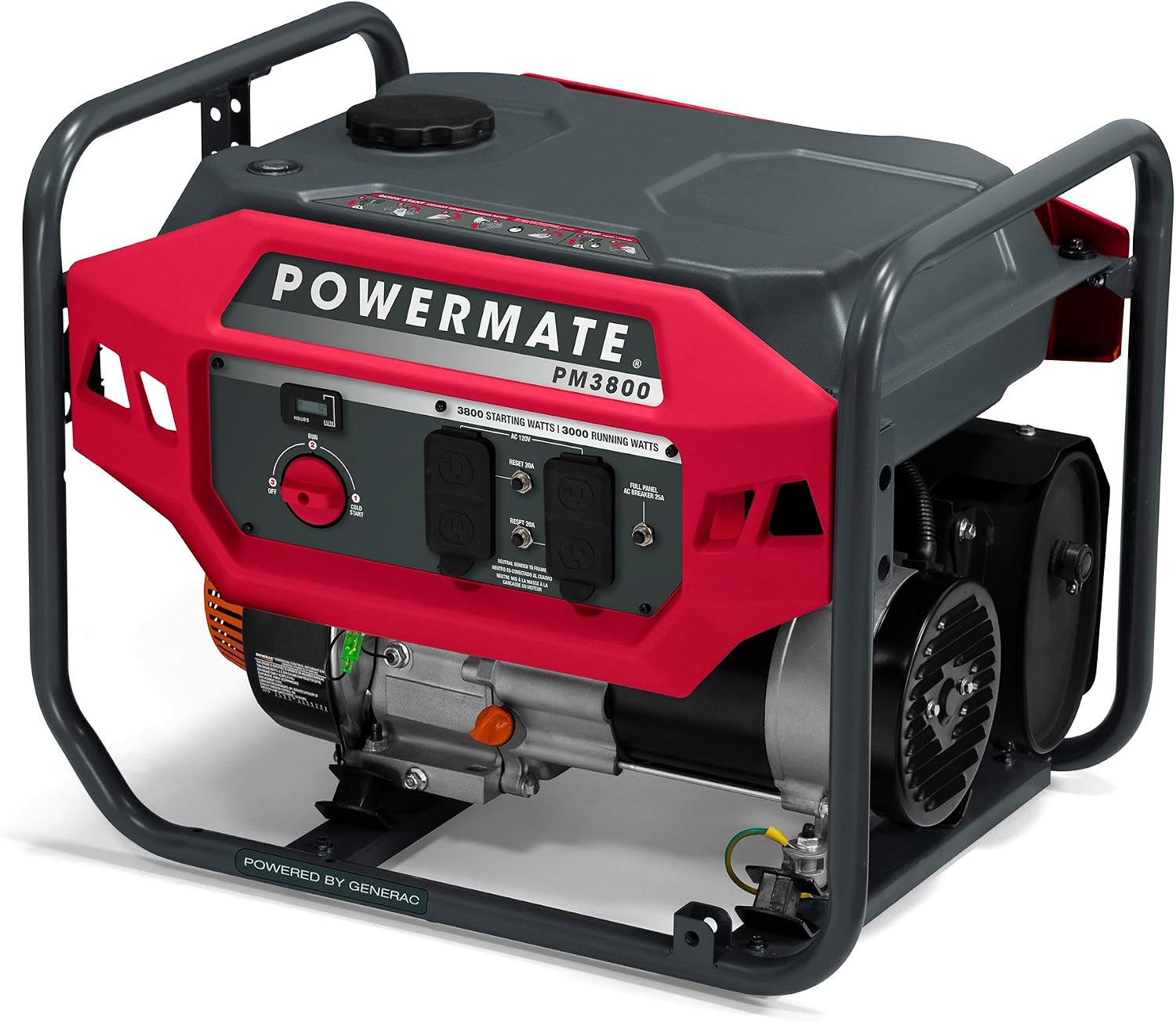 Powermate PM3800 3,800-Watt Gas-Powered Portable Open Frame Generator - Ultra-Quiet Performance - Ideal for Home, Camping, RV and Outdoor Activites - Engine Powered by Generac - 49 State - Red/Black