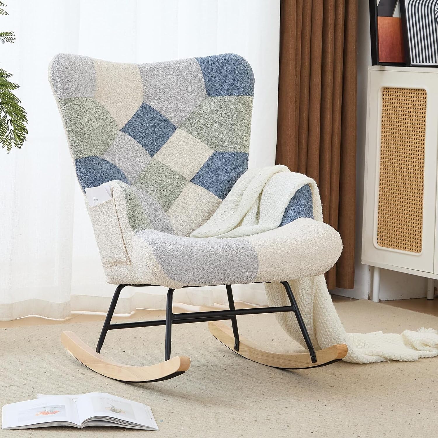 Nursery Rocking Chair Teddy Upholstered Glider Rocker Rocking Accent Chair with High Backrest Armchair Comfy Side Chair for Living Room, Bedroom, Offices (Spliced Blue)
