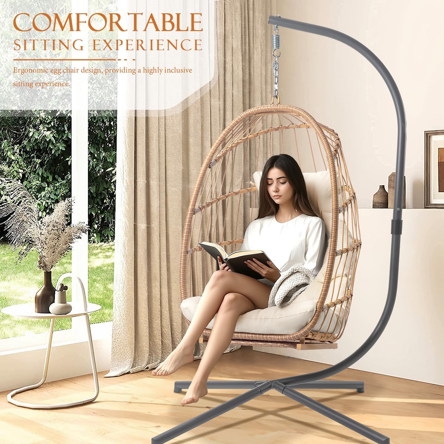 Hanging Egg Chair with Stand and Footrest for Indoor Outdoor - Patio Swing Egg Chairs Wicker Hammock Chair Bedroom, Aluminum Steel Frame and UV Resistant Cushion 370LBS Capacity for Kids Adults, Beige