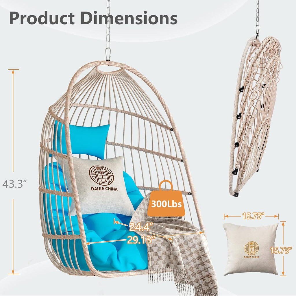 Hanging Egg Chair with Pillow, HDPE Rattan Foldable Swing Chair with Aluminum Frame & UV Resistant Cushion, Hammock Egg Basket Without Stand for Indoor Outdoor, 350Lbs Capacity (Blue Cushion)