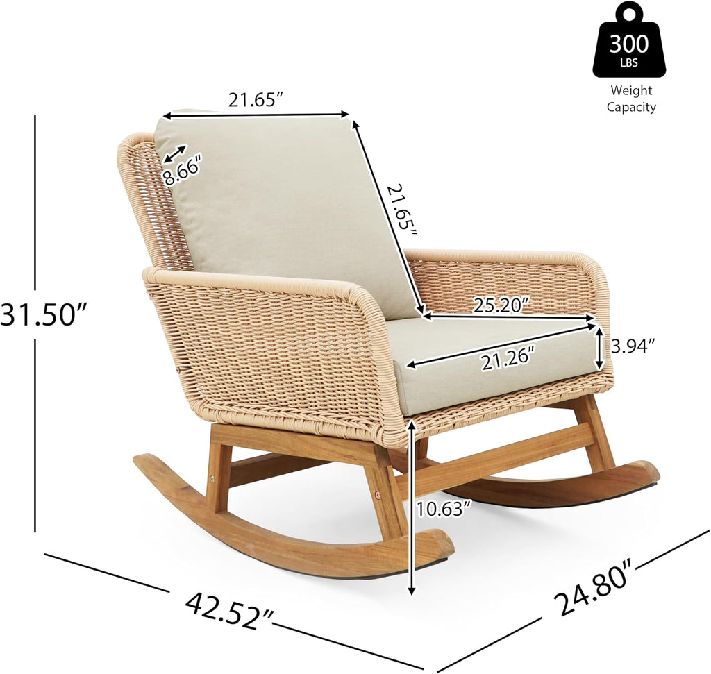 Christopher Knight Home Nadine Patio Rocking Chair, Wicker Rocker, Wood Leg Rocking Chair, PE Rattan Wicker Chair, Rocking Chair with Cushions, Comfort Wicker Rocker for Backyard Balcony Porch, Beige