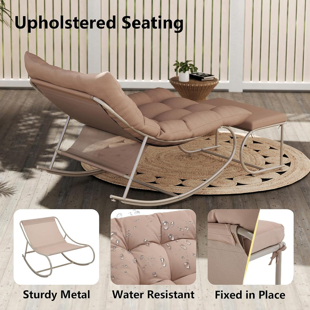 Outdoor Rocking Chairs Set of 2, Modern Papasan Rocking Chairs with Cushions, Upholstered Patio Rocking Chairs with Foot Rest, Cozy Metal Outdoor Lounge Rockers Recliner for Indoor, Khaki