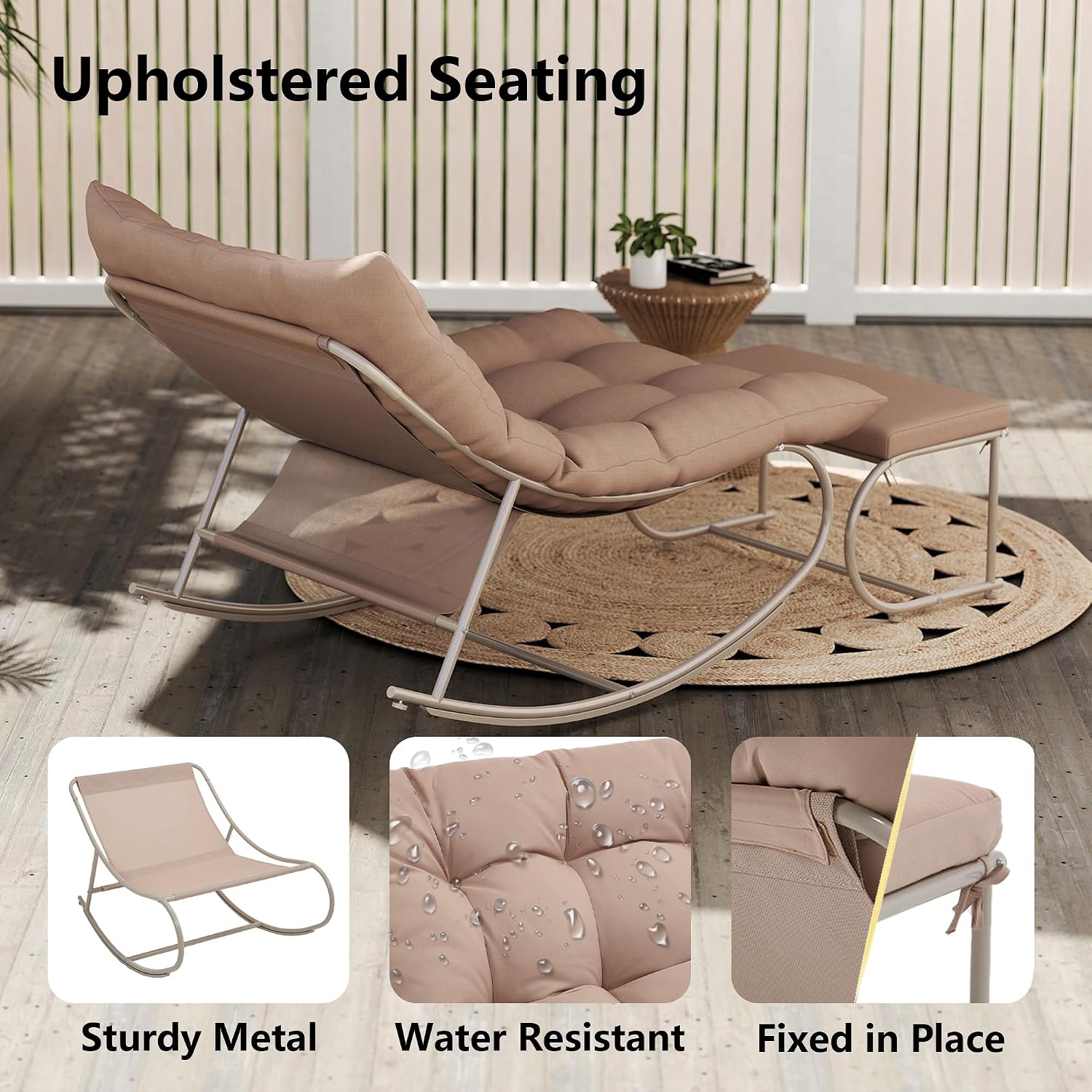 Outdoor Rocking Chairs Set of 2, Modern Papasan Rocking Chairs with Cushions, Upholstered Patio Rocking Chairs with Foot Rest, Cozy Metal Outdoor Lounge Rockers Recliner for Indoor, Khaki