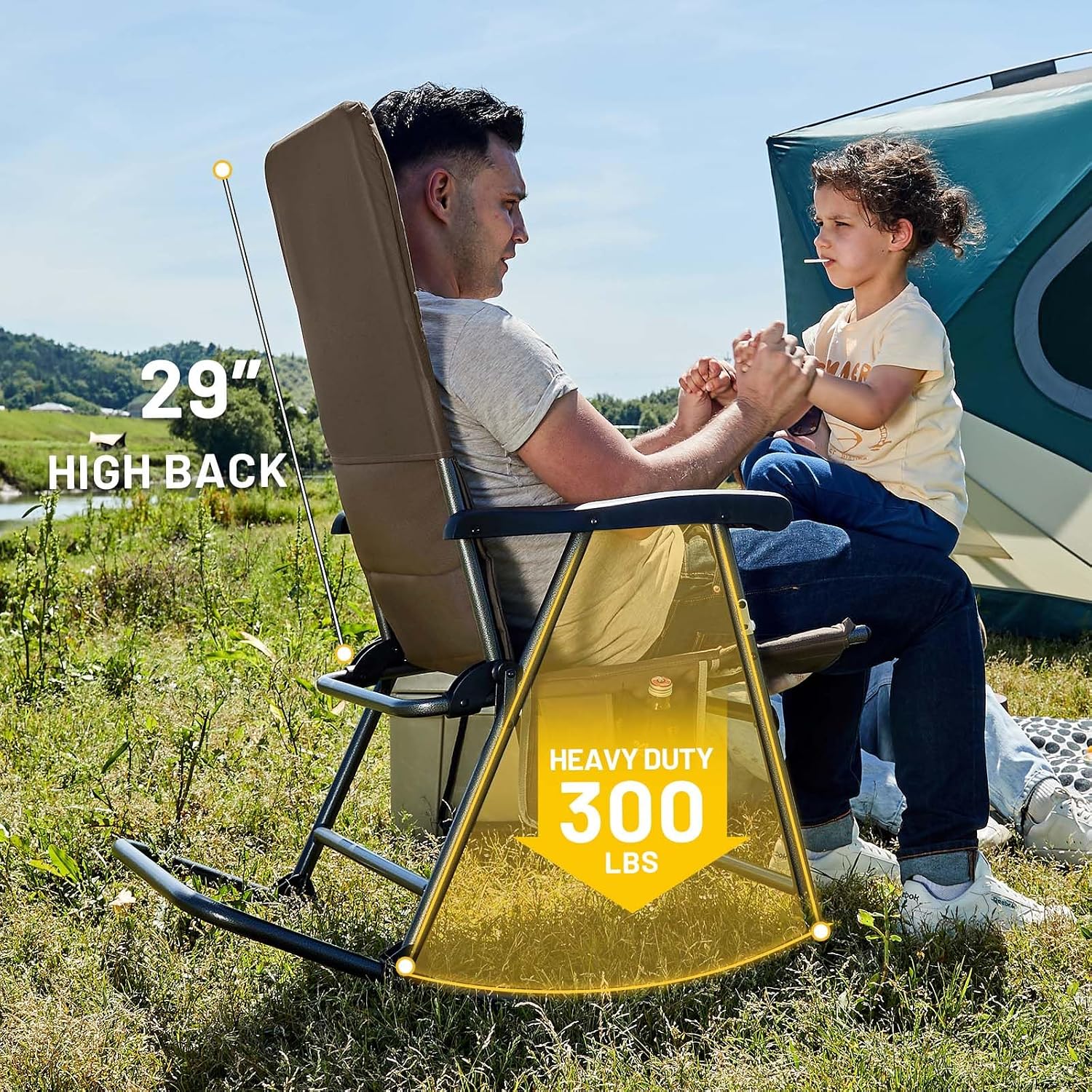 TIMBER RIDGE Outdoor Folding Rocking Chair, 29' Padded High Back Neck & Back Support, Hard Armrests for Easy Stand Up, Stable Steel Frame Supports 300 lb, Quick Fold for Patio, Lawn & RV Camping,Brown