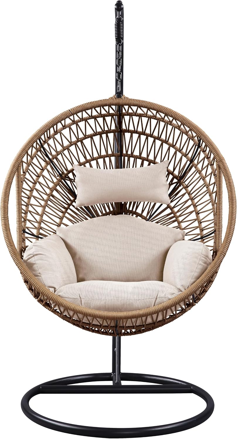 ACME Vasant Outdoor Patio Hanging Chair/Stand in Beige Fabric and Rope
