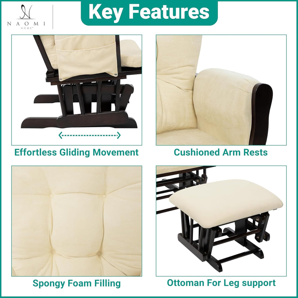Naomi Home Brisbane Glider and Ottoman Set with Smooth Rocking & Gliding Motion, Ergonomic High-Back Support, Cushioned Armrests, Solid Wood Base, Storage Pockets, Espresso/Cream Nursery Chair